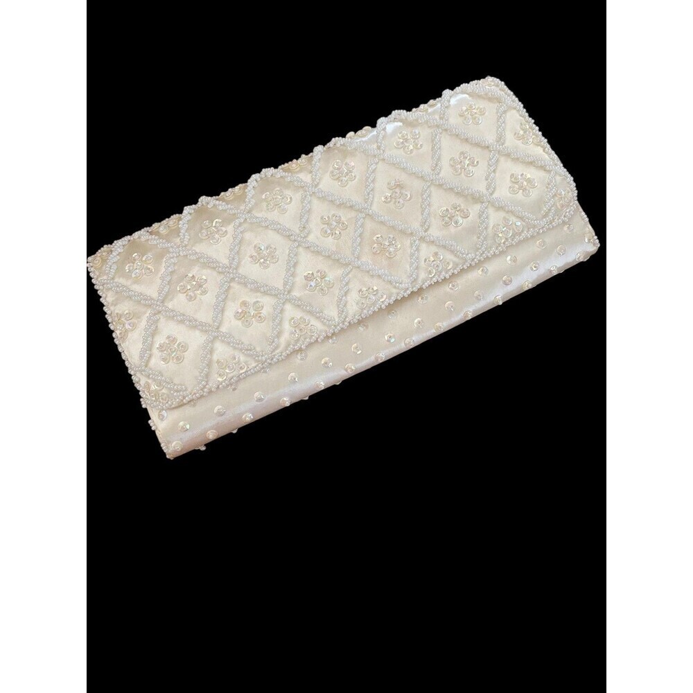 Vintage Beaded Satin Clutch Purse Womens Small White Floral Wedding Hong Kong